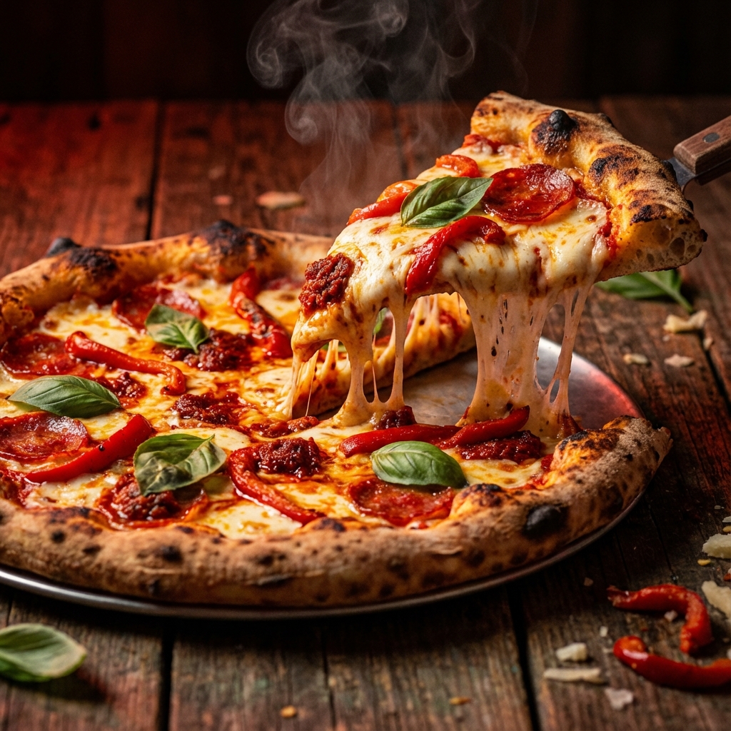 Stone-fired pizza with melty cheese
